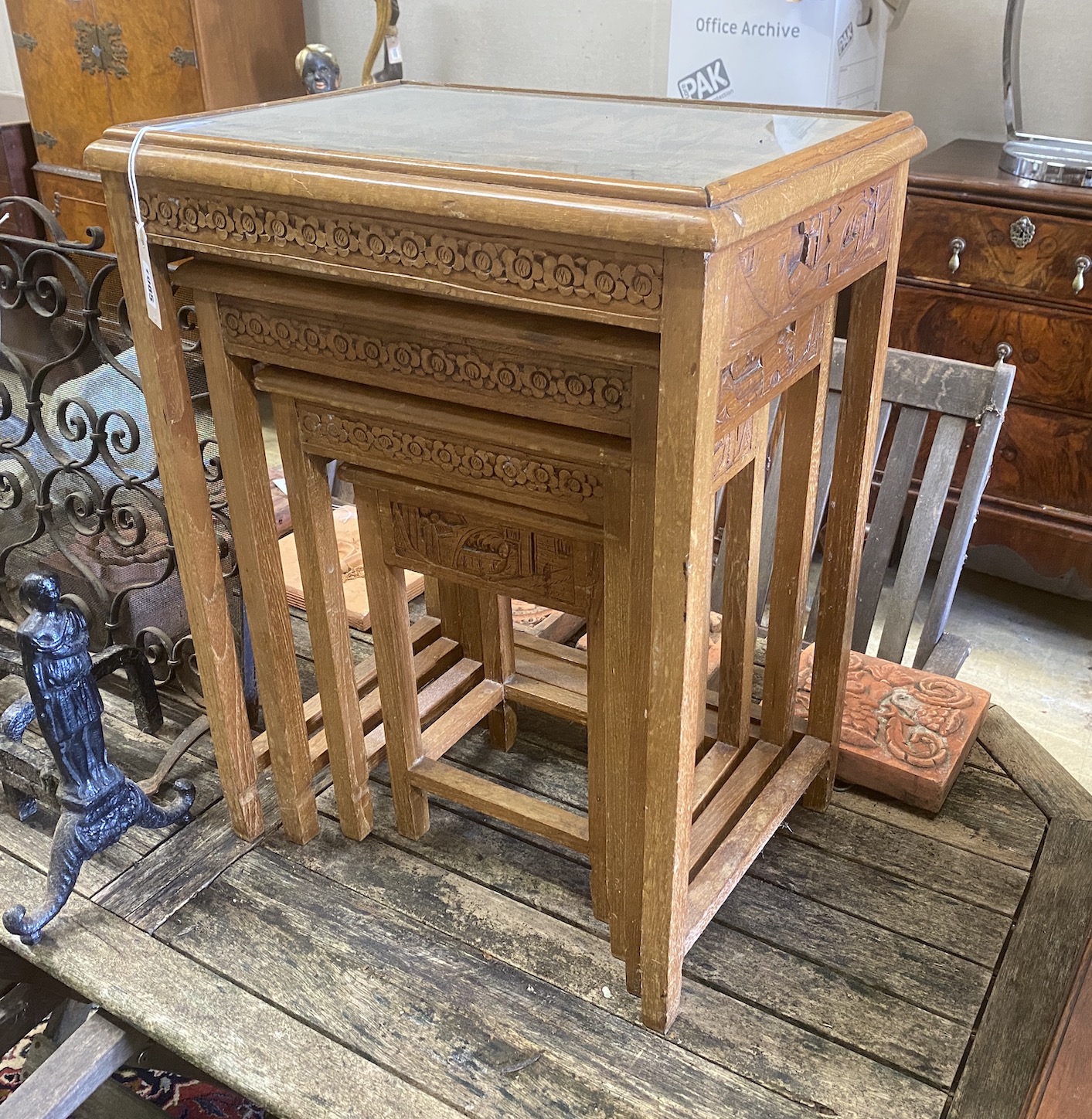 A quartetto of Chinese carved hardwood tables, width 50cm, depth 36cm, height 75cm